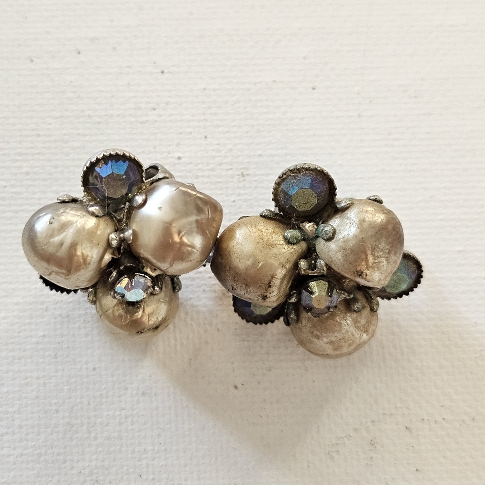 Vintage Vogue Faux Pearl Jeweled Clip On Earrings
